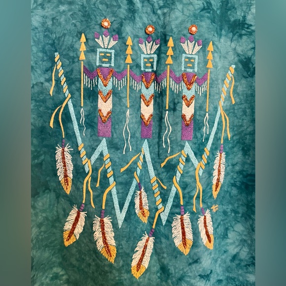 Vintage 90s Lynee Apparel Native American Tie Dye T Shirt Navajo Turquoise XL - Picture 2 of 5